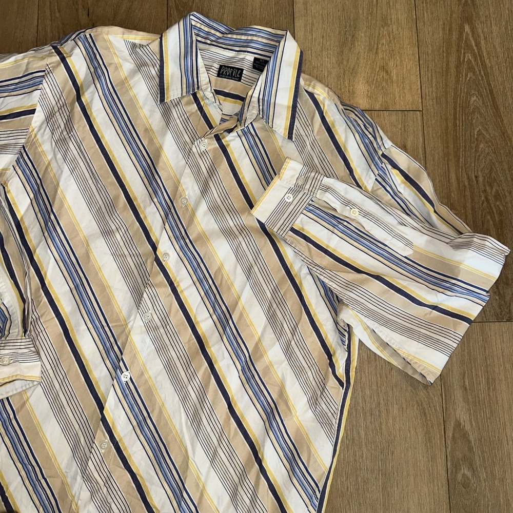 Men's Profile L/S Button Dress Shirt Blue/Yellow Diagonal Striped Retro 70's XLT